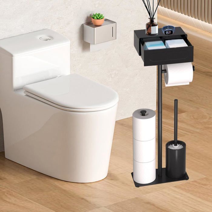 Porte Papier Toilette Sur Pied Avec Brosse WC Et étagère - Support 4-en-1 Acier Inoxydable Noir Mat