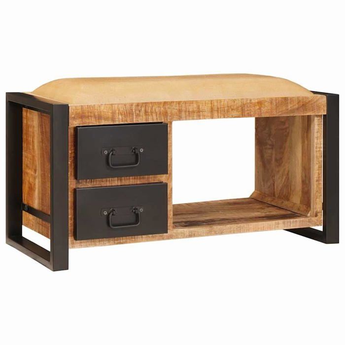 Banc de rangement industriel - vidaXL - 80x35x40 cm - Marron - Bois de manguier massif - 2 tiroirs - Rangement caché
