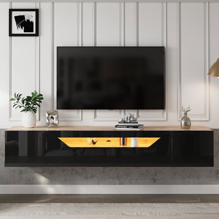 Meuble TV Mural Suspendu Support TV pour Téléviseur 75 Pouces 3 Compartiments de Rangement Éclairage LED Bluetooth Design Flottant