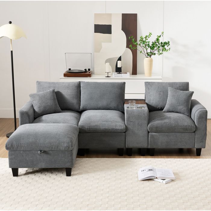 Canapé d’angle modulable en velours côtelé gris avec console USB porte-gobelets et pouf