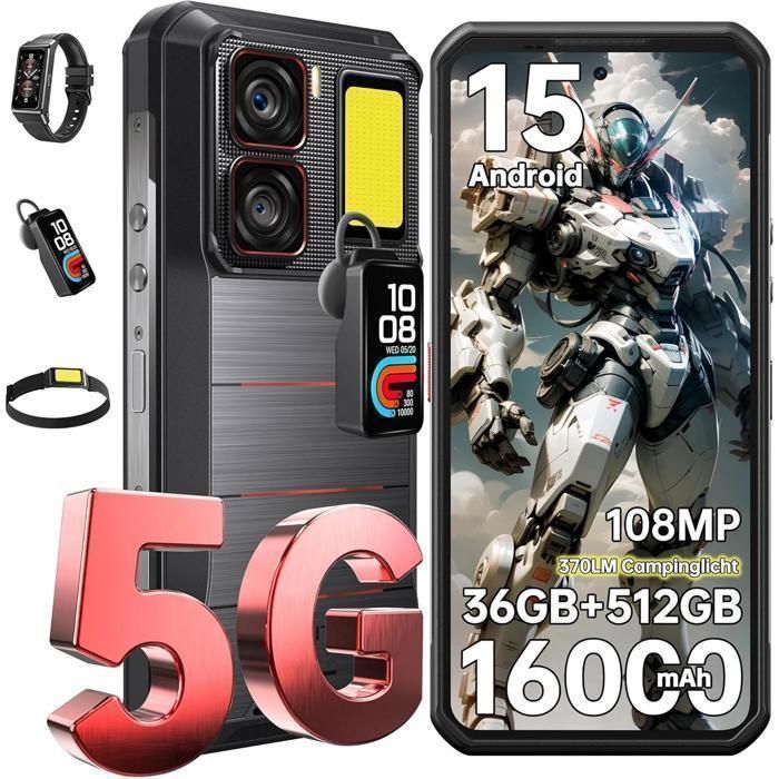 OUKITEL WP300 5G Smartphone Incassable 36Go+512Go 68 Batterie 16000mAh 108MP Android 15 Téléphone Portable Double SIM/NFC Noir