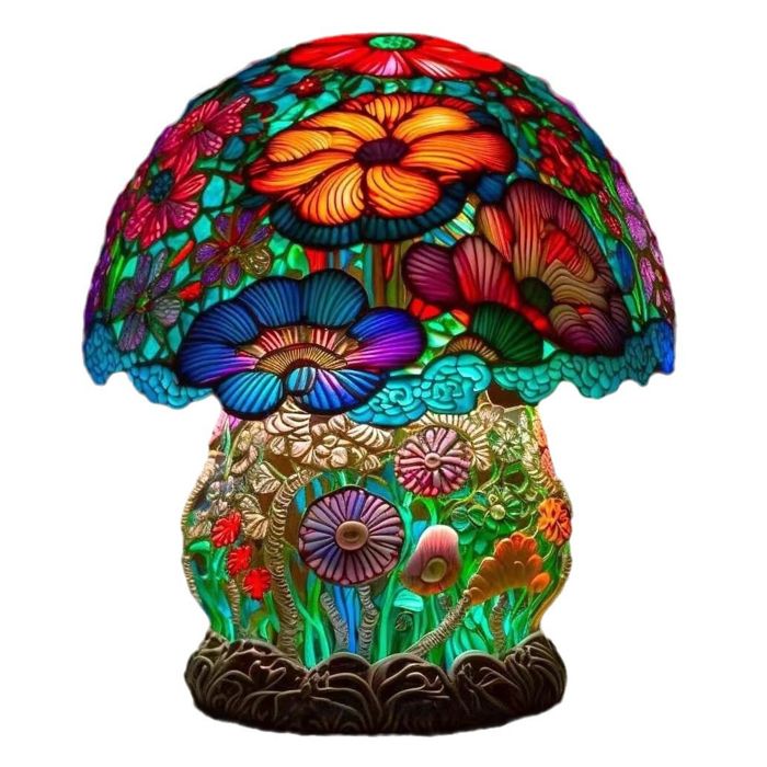 Lampe de table champignon Lampe de table en résine colorée de style rétro lampe aux motifs floraux multicolores pour chevet chambre