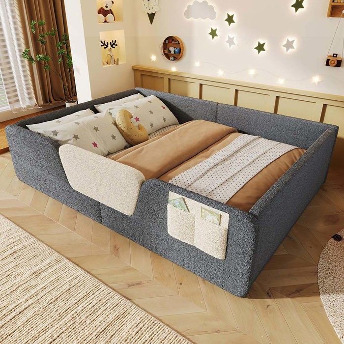 Lit denfant 140 x 190 cm - Velours gris - Barrières amovibles - Poche de rangement - Sommier à lattes