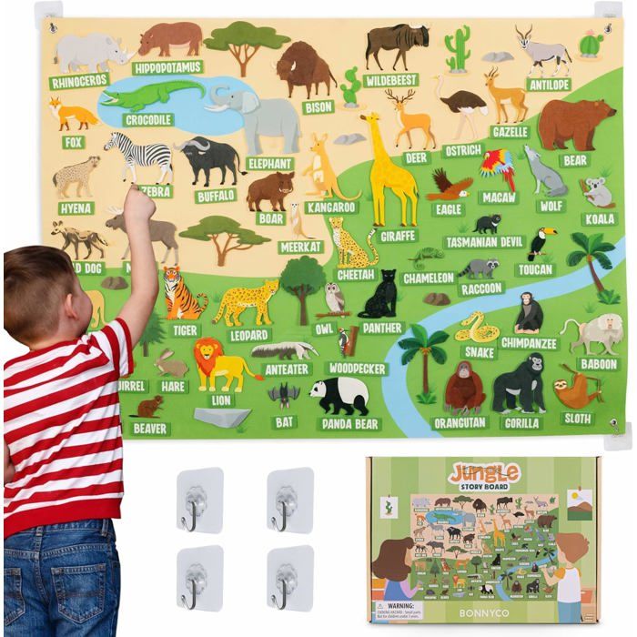 Panneau Feutrine avec 116 Figurines danimaux de la Jungle. Jouet Montessori et Cadeau Anniversaire Enfant de 3 à 8 Ans