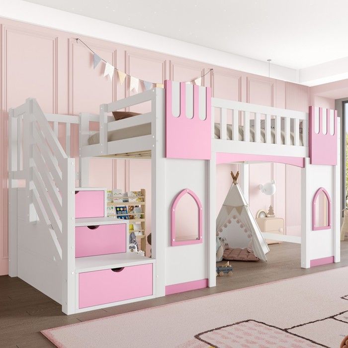 Lit cabane 90x200cm échelle rangements fenêtre blanc+rose