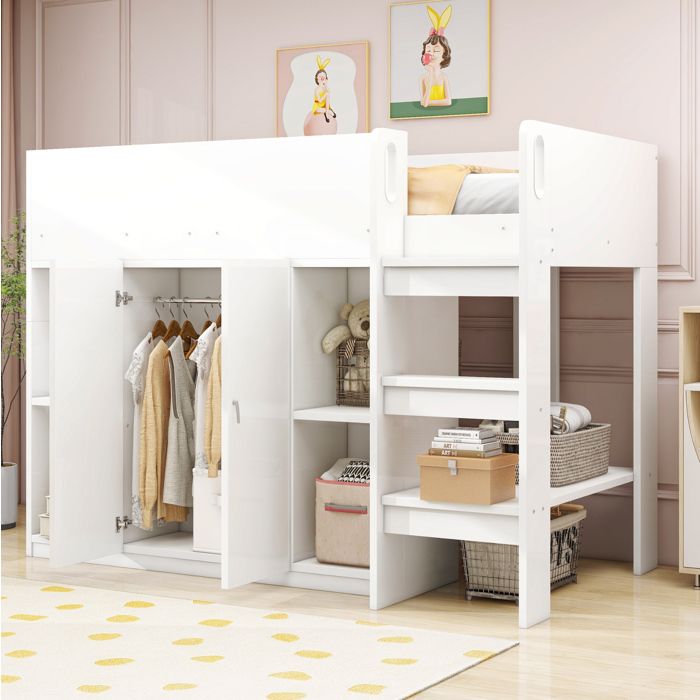 lit enfant mezzanine rangement 90x200 avec armoire étagères échelle structure bois blanc gris chambre EVRYAE