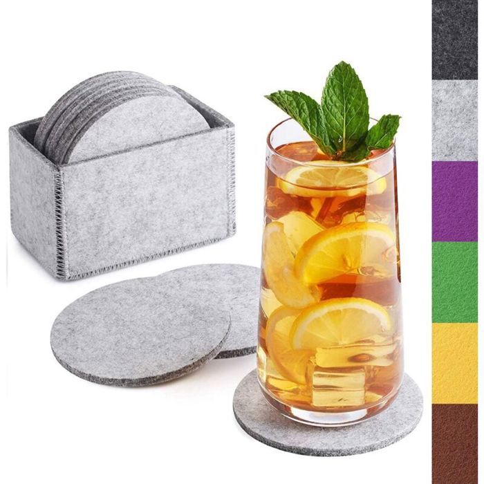 Sous-verre en feutre rond pour verres - Lot de 10 boîte incl. - dessous de verre design gris clair pour boissons tasses bar ver