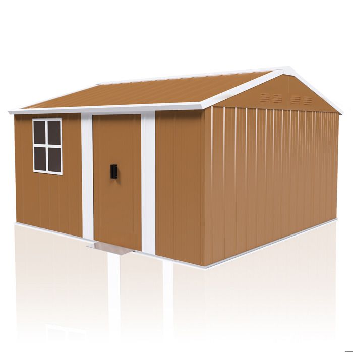 Abri de jardin métallique marron 360 x 298 x 194 cm avec fenêtres portes coulissantes et aérations latérales