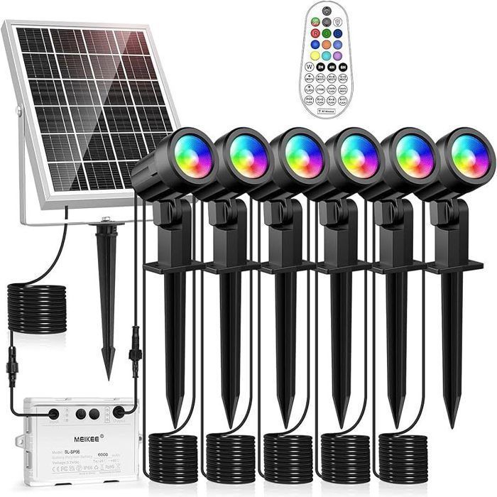 Spot Solaire Exterieur 6 En 1 RGB Projecteur Solaire Exterieur avec Télécommande 10 Couleurs 12 Modes Changement de Couleurs