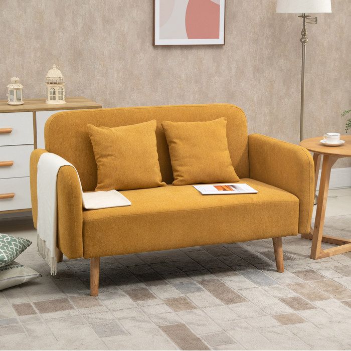 Canapé 2 places compact AESVAR 130 x 70 x 80 cm polyester aspect velours jaune 2 coussins inclus