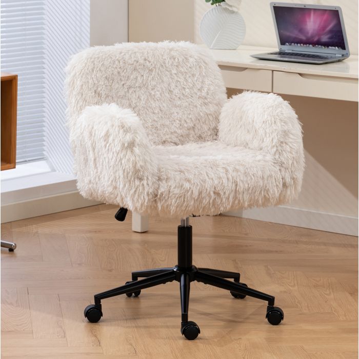 Chaise de bureau beige en tissu effet laine hauteur réglable accoudoirs rabattables à roulettes pivotante