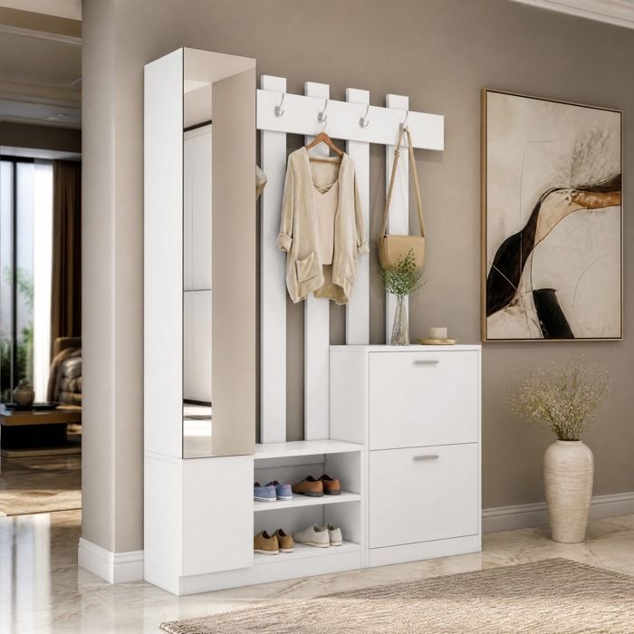 WUVRIE Vestiaire d’entrée 135 x 25 x 180 cm avec miroir 5 crochets et range-chaussures blanc