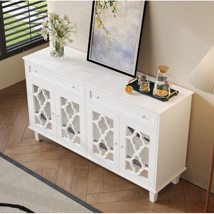 Buffet Bas Blanc 4 Portes Miroir Bahut Design FloraGrace Pour Salon 2 Tiroirs Etagere Reglable 140x40x83cm