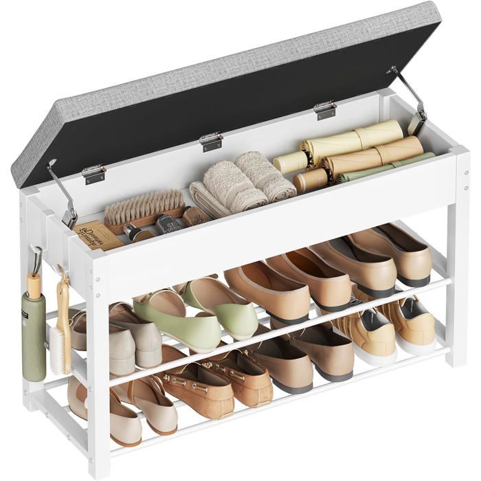 Banc à chaussures avec rangement - WOLTU - 80x30x50 cm - siège rembourré - 1 compartiment dissimulé - 2 étagères - Blanc