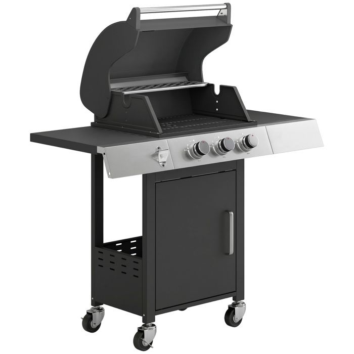YWJ Barbecue à gaz avec 3 brûleurs 81 kW thermomètre grilles tables latérales armoire et roues 109 x 50 x 109 cm noir