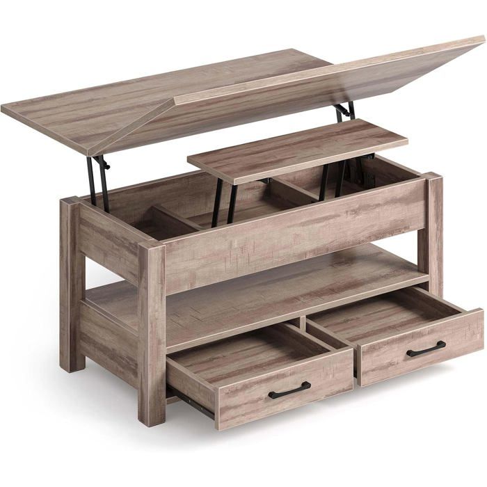 Rolanstar Table Basse Bois Clair Relevable et Extensible avec Tiroir et Rangement Convertible en Table à Manger