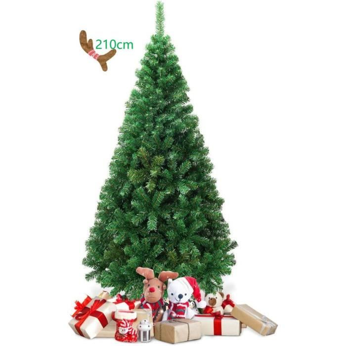 Sapin De Noël Artificiel Mince 210cm - 403 Branches, 150 LED Blanc Chaud, Support Métal, Facile à Ranger