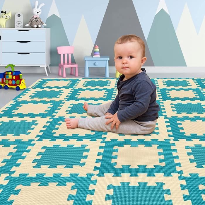 12 Pcs Dalles Mousse Doux Tapis pour Enfants Bébé Puzzle Tapis en Mousse EVA Activité Tapis de Jeu Carreaux Beige and Marron