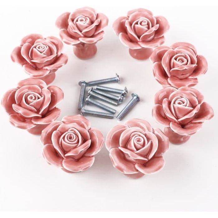 8pcs Poignée Bouton Rose céramique en couleur de rose pour meuble armoire placard commode Diamètre: 4cm. Hauteur: 3,2cm