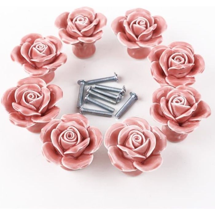 Poignée bouton - Bouton céramique rose - Diamètre 4 cm - Hauteur 32 cm - Lot de 8