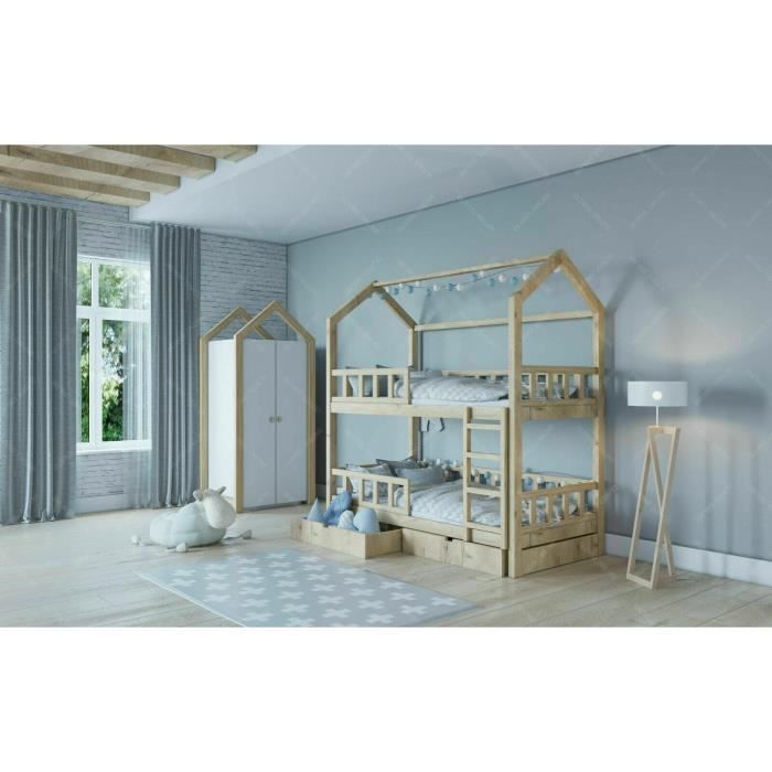 Lit Cabane Superpose Pour Enfants Avec Barrieres Et Tiroir
