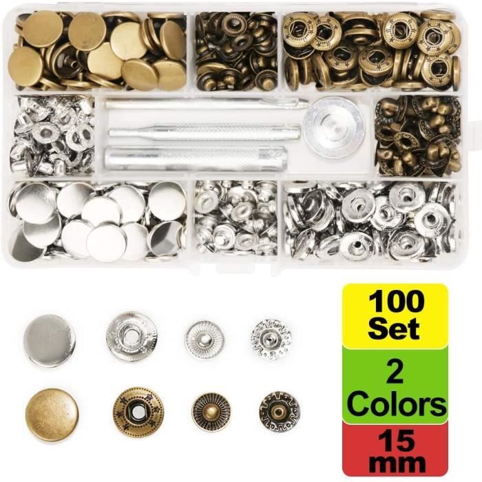 100 kits Boutons Pression en Metal, Pince Bouton Pression Metal