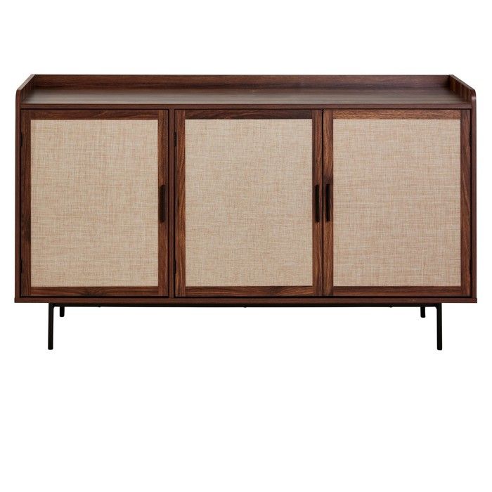 CALICOSY - Buffet 3 portes décor noyer avec façades en tissu L140 cm - JETSON - Bois foncé