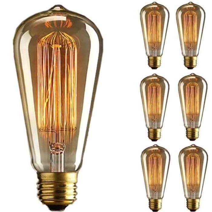 6pcs ampoule led edison st64-e27 220v 40w filament tungstène vintage 150lm lampe rétro lumière blanc chaud romantique