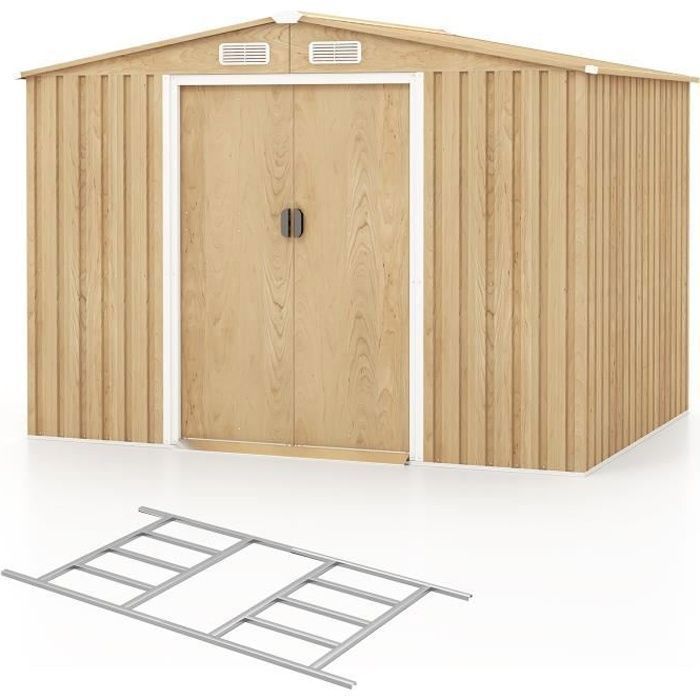 COSTWAY Abri de Jardin en Métal Galvanisé 5m2 259x196x182 cm-Base de Fondation-Portes CoulissantesRampe-Couleur Grain de Bois