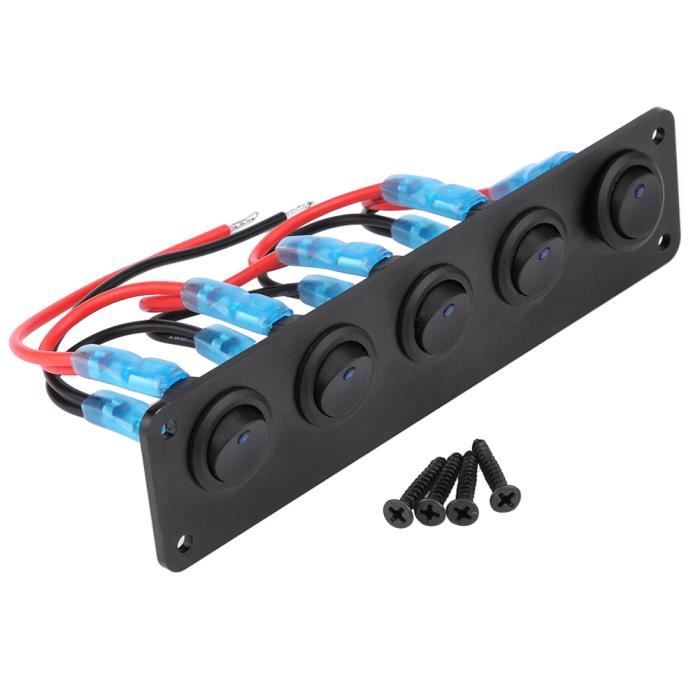 ANGGREK Panneau 5 Interrupteurs Bascule Bleu LED 12-24V – Voltmètre Numérique, IP65, Fusible 15A Pour Bateau, VR, Yacht
