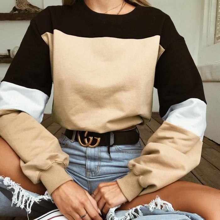 Skang Sweat-Shirt Courte Femme Rose Imprim/é T-Shirt Casual Manches Longues Ado Fille Pull Chic Pull Sweat Tops Solide Blouse