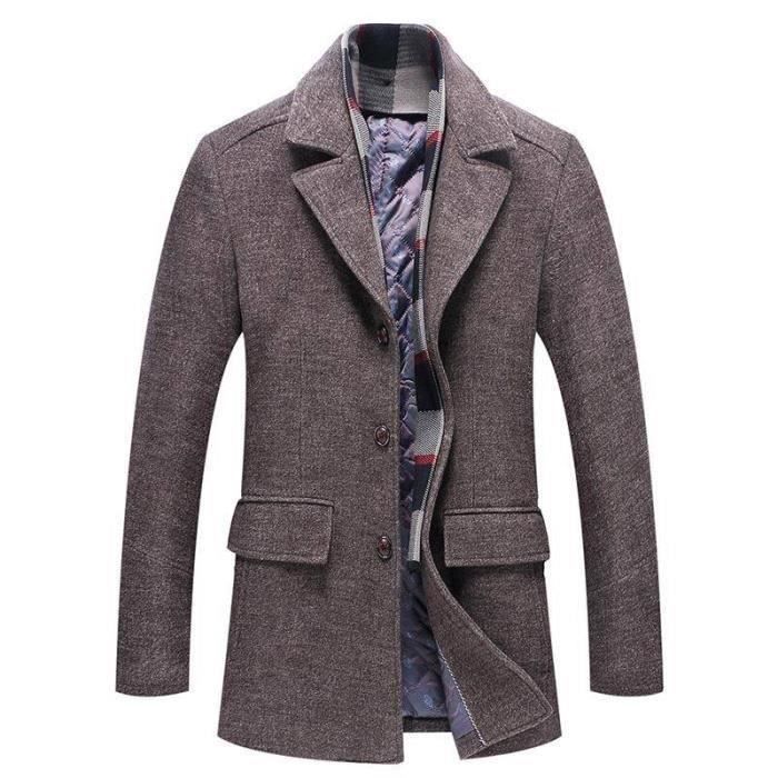 Hiver Manteau en Laine Homme Caban Casual Chaud Slim Pardessus Homme Avec ?�charpe Amovible 