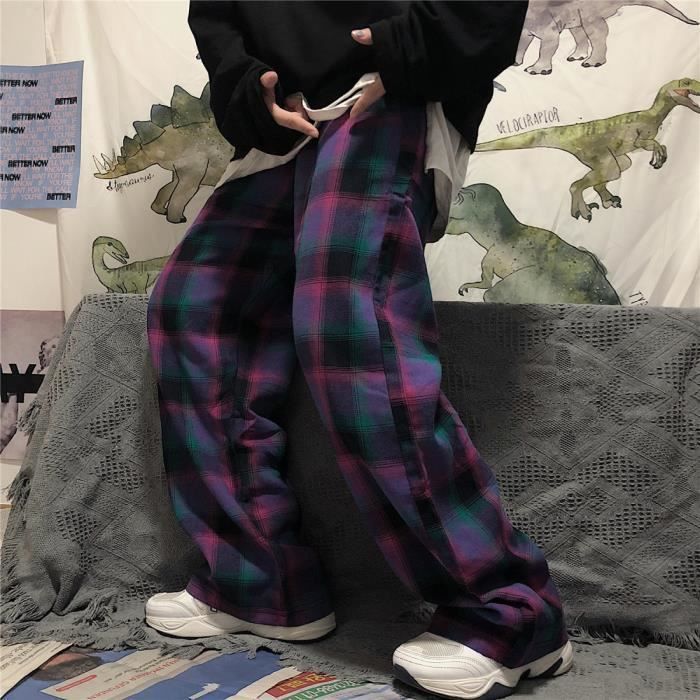 Harajuku pantalon a carreaux femmes Style de rue Style coreen jambe large violet pantalon a carreaux pour femme Mauve M Mauve Cdiscount Pret a Porter