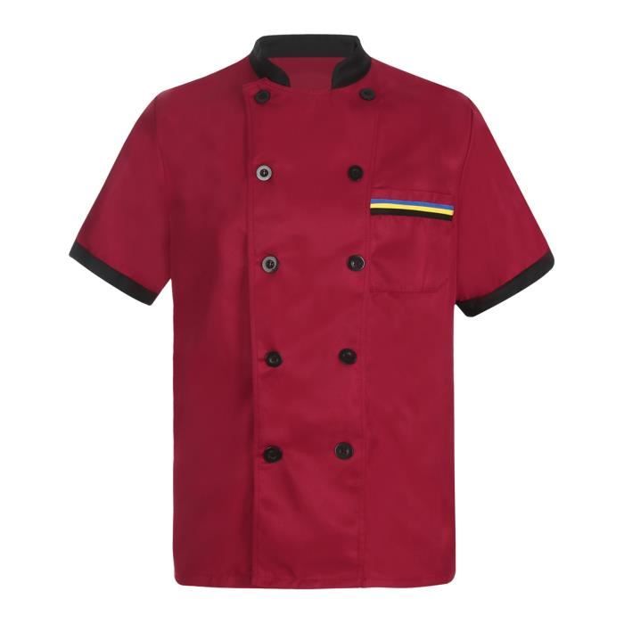 YONGHS Manteau de Chef Homme Femme Manches Courtes Veste de Cuisinier Chemise Uniforme M-4XL Rouge