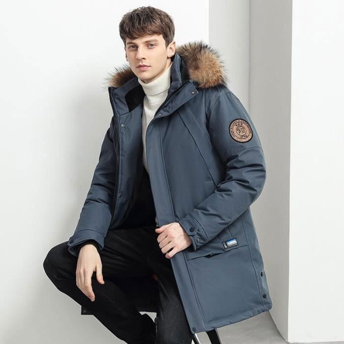 Parka Homme Hiver Mi-longue à Capuche Fausse Fourrure Veste Chaude Epaisse  Couleur Unie