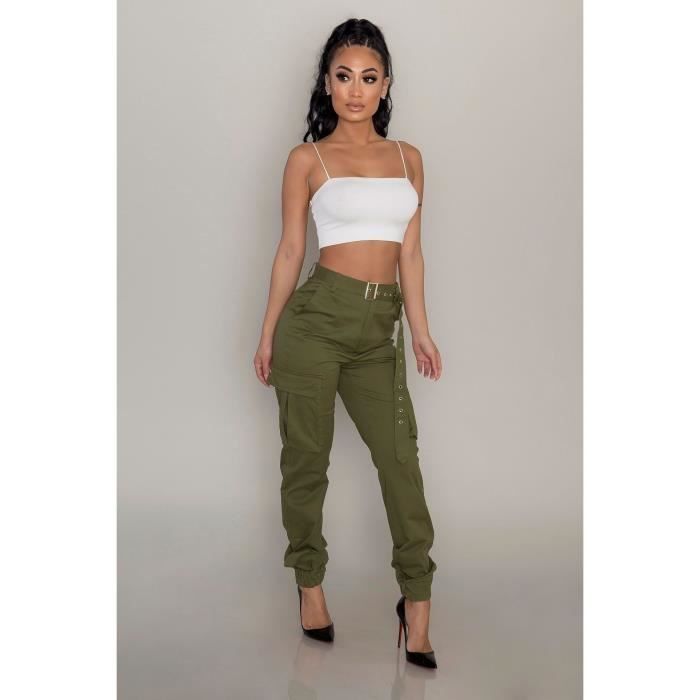 Pantalon cargo à taille haute pour femme - Camouflage militaire élastique avec poches, B-cgreen, XX-Large Pantalon cargo à taille haute pour femme - Camouflage militaire élastique avec poches, B-cgreen, XX-Large