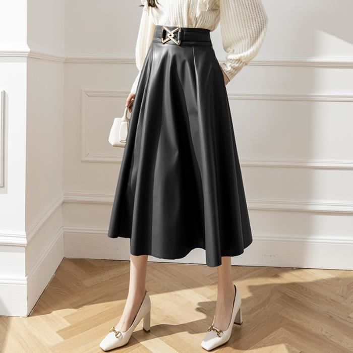 Jupe femme mi longue taille haute pour grande FRKEBl Black