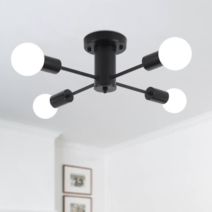 Lustre Industriel Vintage 4 Lumières - Plafonnier Suspendu Noir Avec Douilles E27 Pour Salon Ou Cuisine