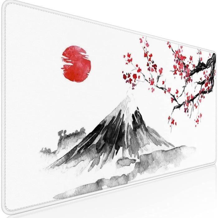 Tapis de Souris de Gaming XXXL 900 x 400 mm Japon Peinture à l'encre  Montagne Sakura Soleil Montagne Fuji Tapis de Souris Grands Bords Cousus  Étanche