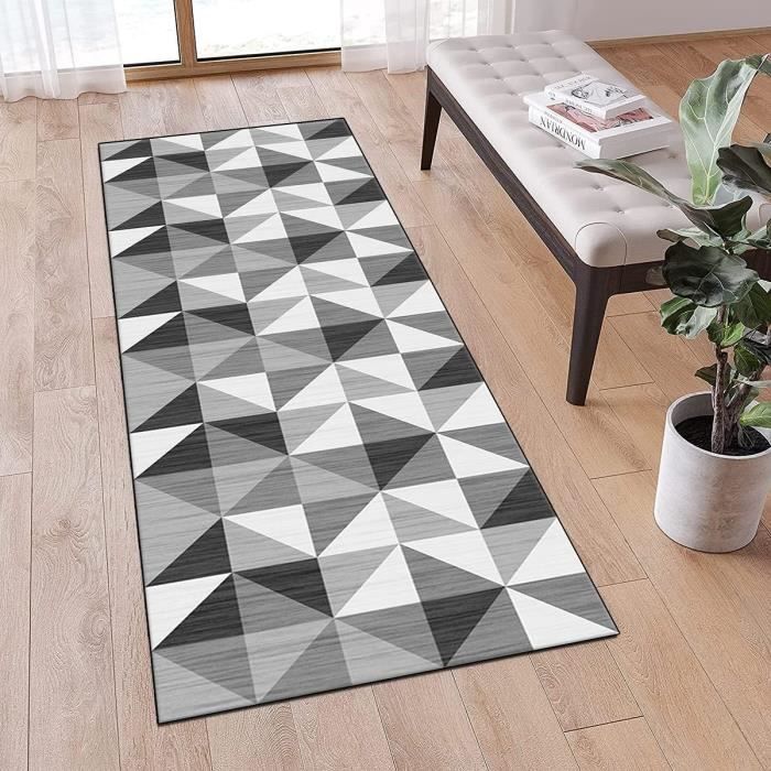 Tapis de couloir antidérapant au mètre 60 x 90 cm Gris géométrique Lavable Fin Pour
