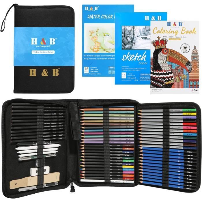42Pcs Kit De Dessin Pro Avec Crayons Fusain, Crayon De Couleur Aquarellable, Crayon Graphite Et