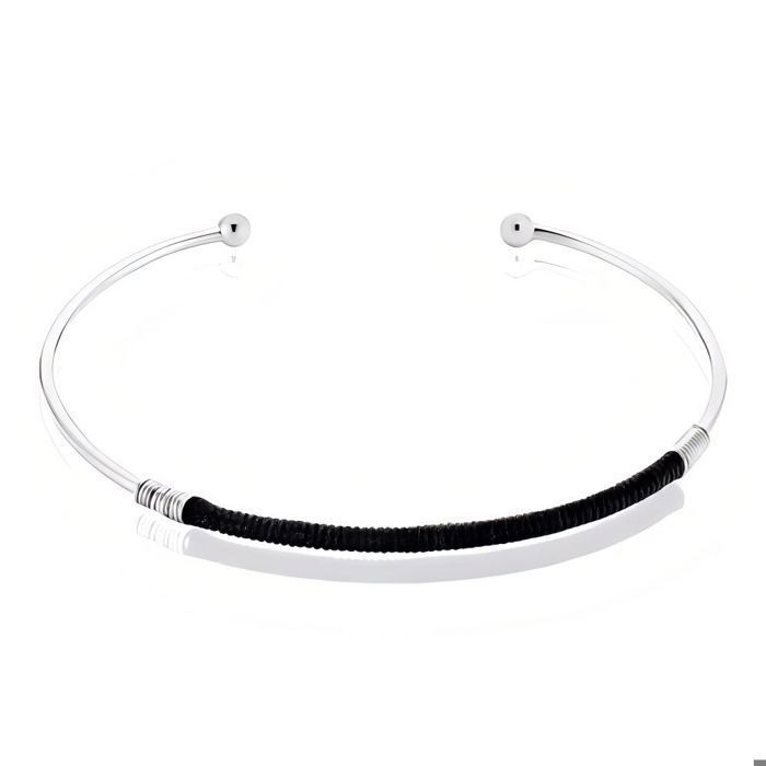 Bracelet - Femme - Jonc - Ouvert - Ajustable - Cordon - Soie - Noir - Argent 925/1000 - Massif - 62 mm