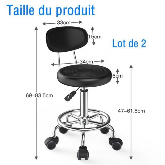 Lot De 2 Tabourets à Roulettes Réglables Rcynview - Hauteur 70-85cm, Dossier Pivotant, Cuir Synthétique - Pour Bar, Bureau, Coiffeur