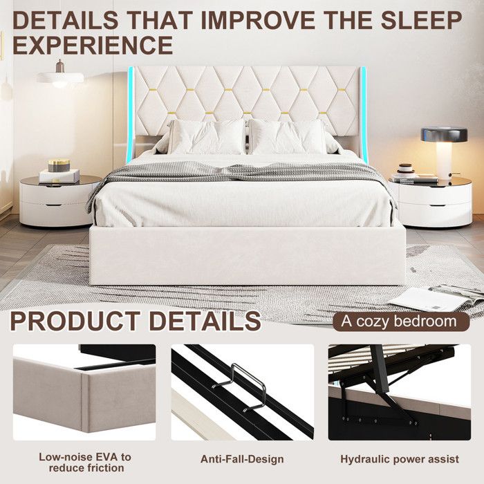 Lit Coffre Lit 160x200 Cm Avec Led Et Tête De Lit Réglable En Hauteur, Pu, Blanc, Sans Matelas