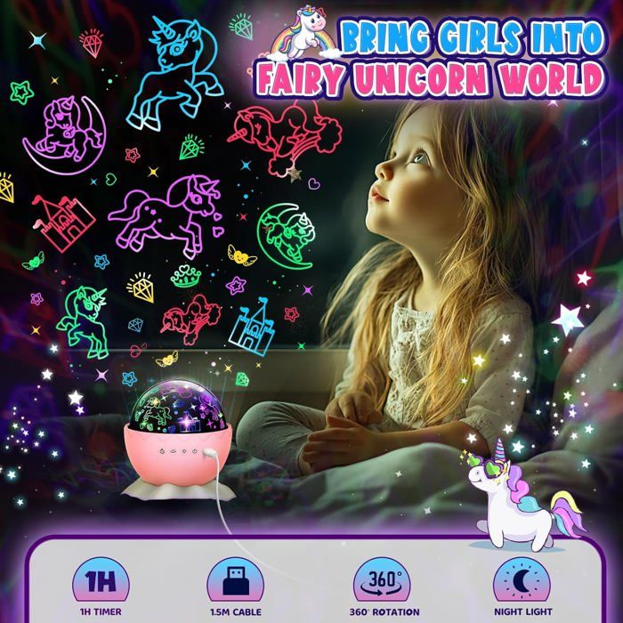 Veilleuse Pour Enfants, Veilleuse Licorne Pour Filles, Projecteur D'étoiles, Rotation à 360 Degrés, 4 Ampoules LED, 16 Couleurs Changeantes Avec Câble USB, Plafonnier Pour Chambre D'enfant