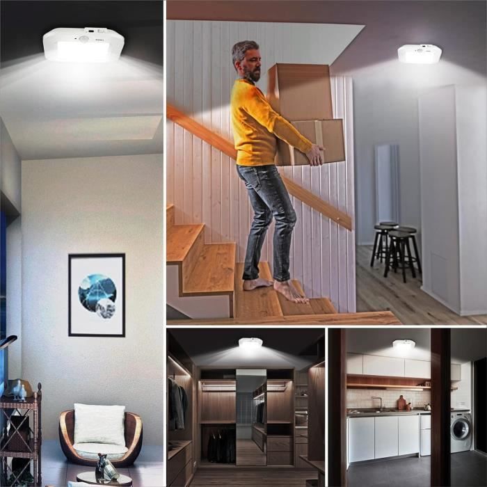 Plafonnier LED à détecteur de Mouvement à Piles Lampe de Plafond sans Fil  6000K pour placards Armoire sous-sol Garde-manger Escalier 