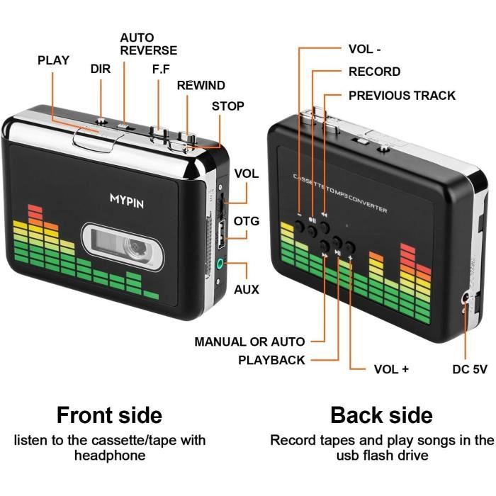 Convertisseur cassette en mp3, lecteur de cassette lecteur de cassette avec  casque, lecteur de musique d'enregistrement audio cassette USB à PC mp3  commutateur de CD Conve