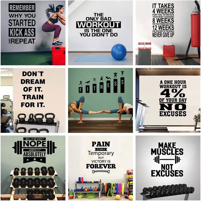 Autocollant Mural Fitness Vinyle 57x51 Cm - Amovible, Noir, Pour Salon Ou Salle De Sport, Décoration Motivante