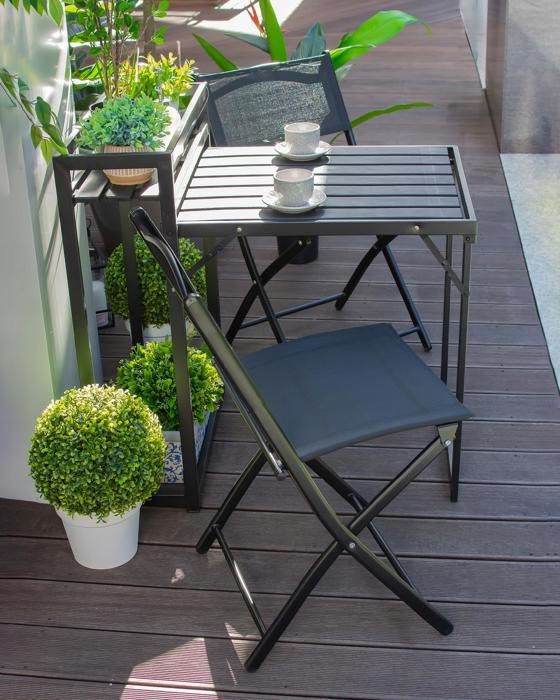 Set Balcon Table Verre 70x40 Cm + 2 Chaises Pliantes – Noir, Acier, Textilène, Petit Espace Terrasse Jardin - 9