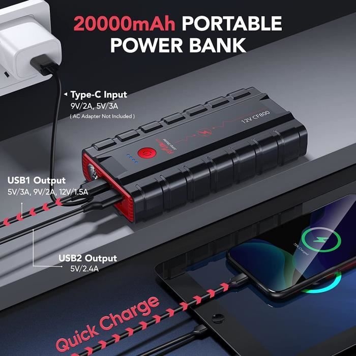 Booster de Batterie 2500A 20000 mAh Portable et Alimentation Eléctr
